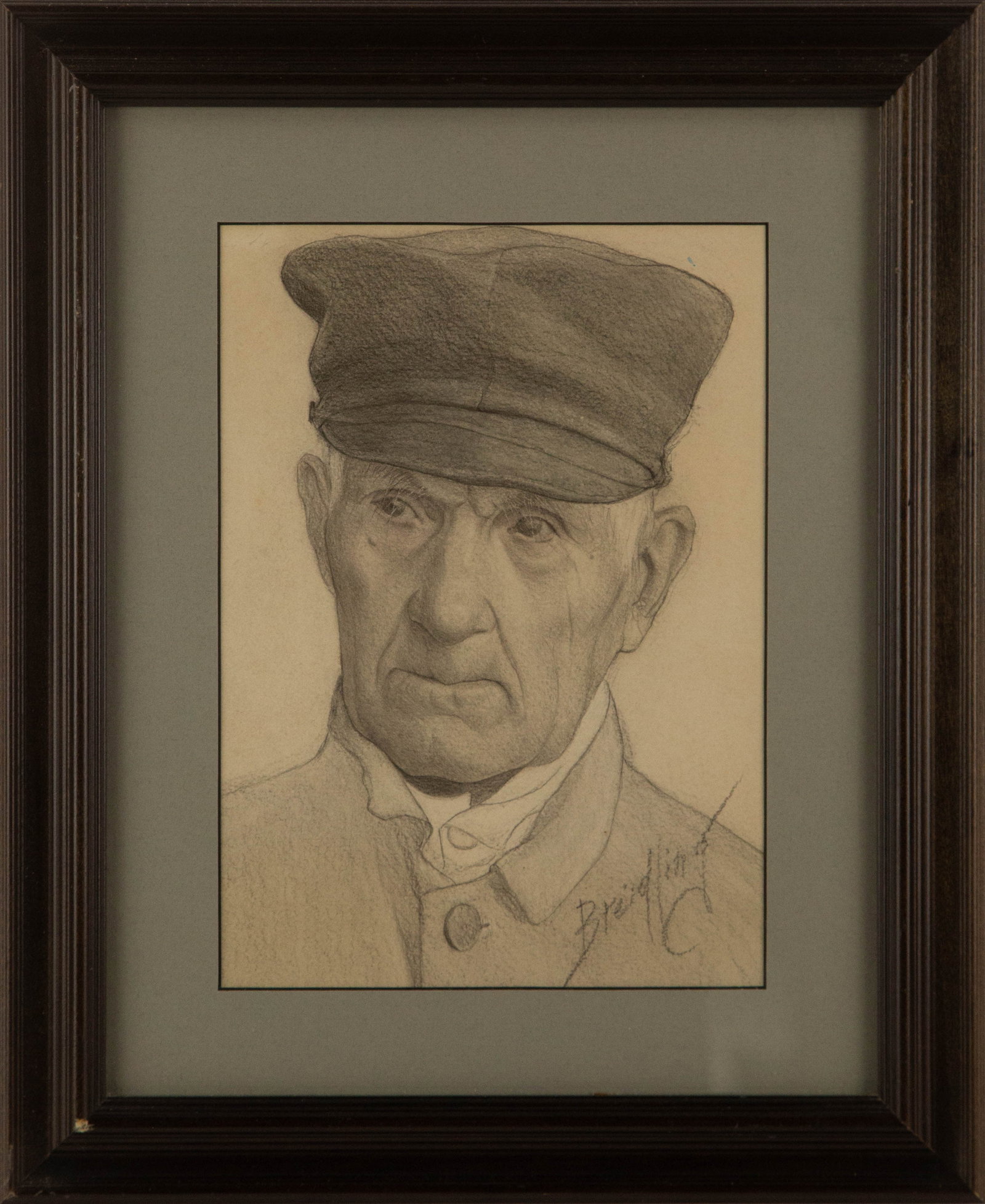 Breidling Portrait Charcoal "Man With Hat": Title: Man With Hat Medium: Charcoal Painting Size: 10.5" x 7.5" Frame Size: 16.5" x 13.5" Condition: This artwork is in good overall condition for its age. Signature: Hand-signed Artist: Breidling Bi