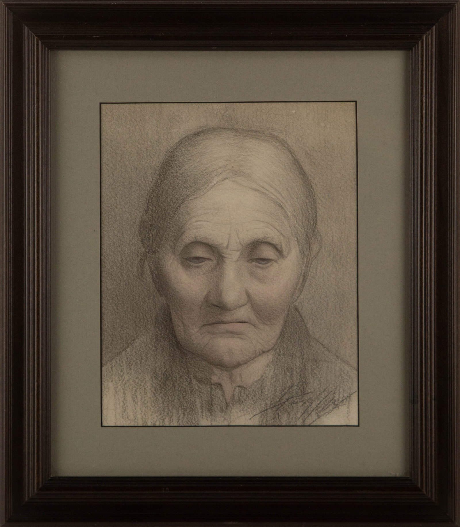 Breidling Portrait Charcoal "Women Look Down": Title: Women Look Down Medium: Charcoal Painting Size: 9.5" x 7.5" Frame Size: 15.5" x 13.5" Condition: This artwork is in good overall condition for its age. Signature: Hand-signed Artist: Breidling 
