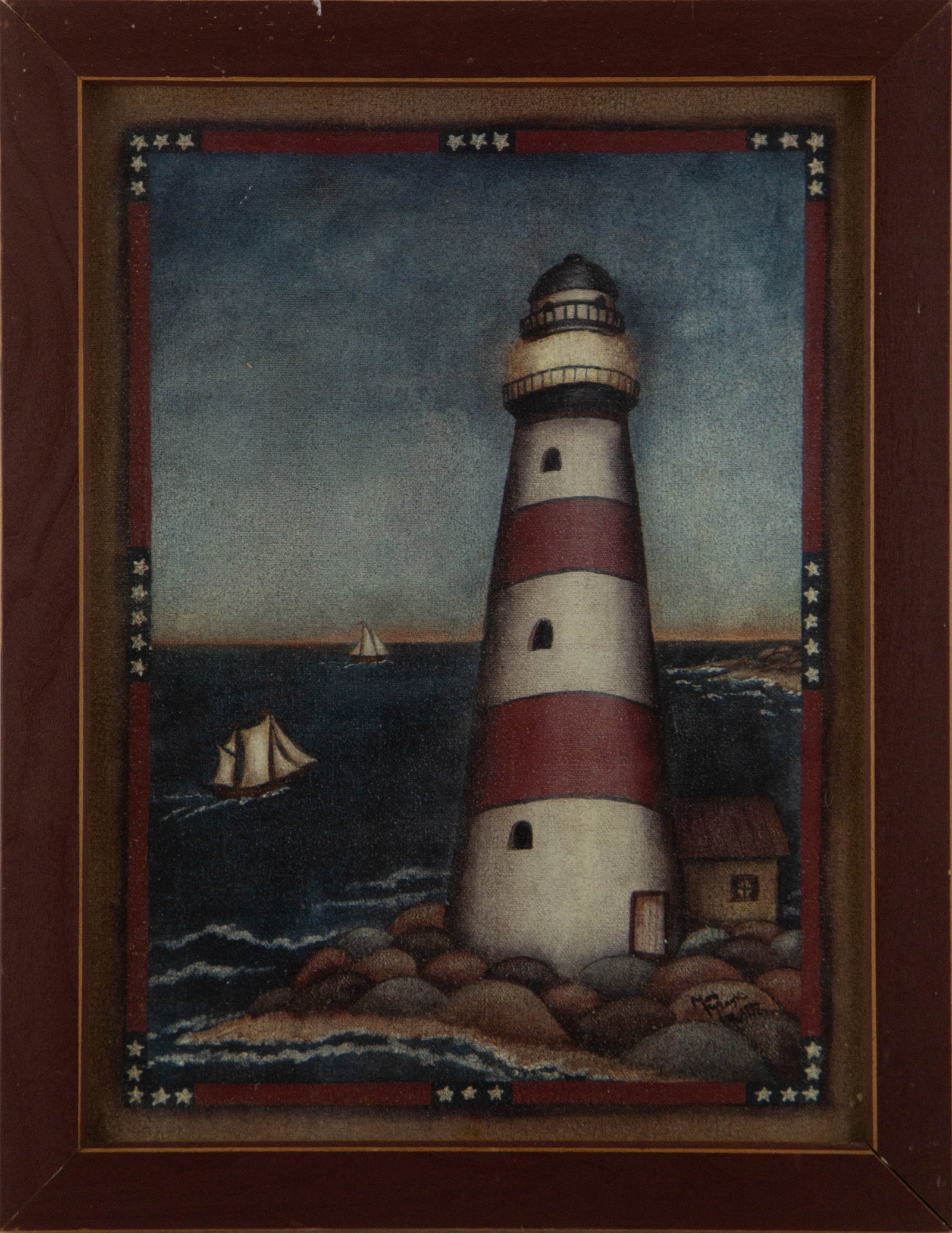 Landscape Print "Light House": Title: Light House Medium: Print Painting Size: 16" x 12" Frame Size: 18" x 14" Condition: This artwork is in good overall condition for its age. Signature: Printed Signature Artist: Unclear Bidders n