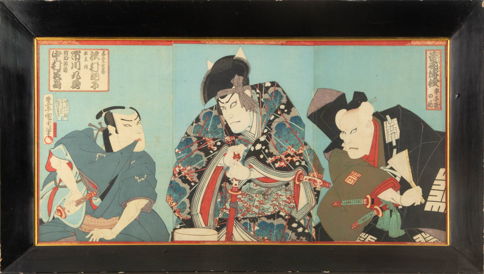 Toyohara Kunichika ( Japanese, 1835?1900 ) Ukiyo e Woodblock Print: Medium: Woodblock Print Style: Ukiyo e Painting Size: 13.513.5 x 27.25 inches Frame Size: 17.75 x 31.5 inches Condition: This artwork is in great condition for its age. Signature: Artist Seal Artist: 