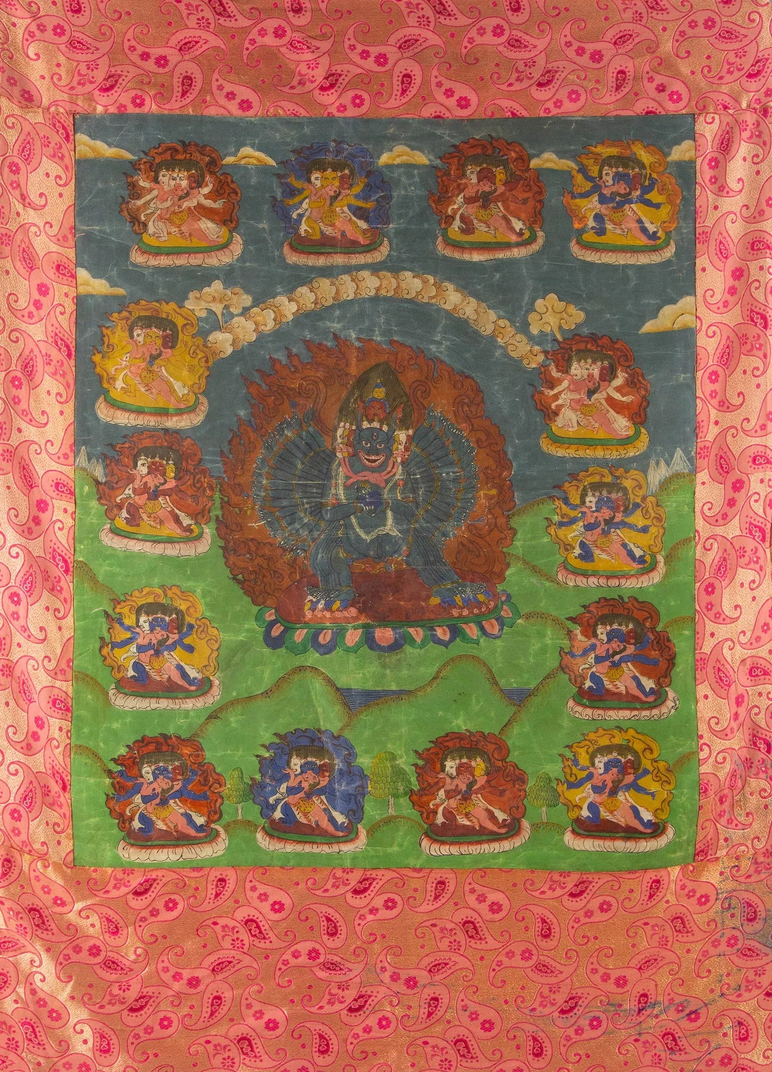 "Yamantaka Vajrabhairava with Twelve Surrounding Deities" Tibeto-Chinese Thangka Distemper on Cloth (1 of 14)