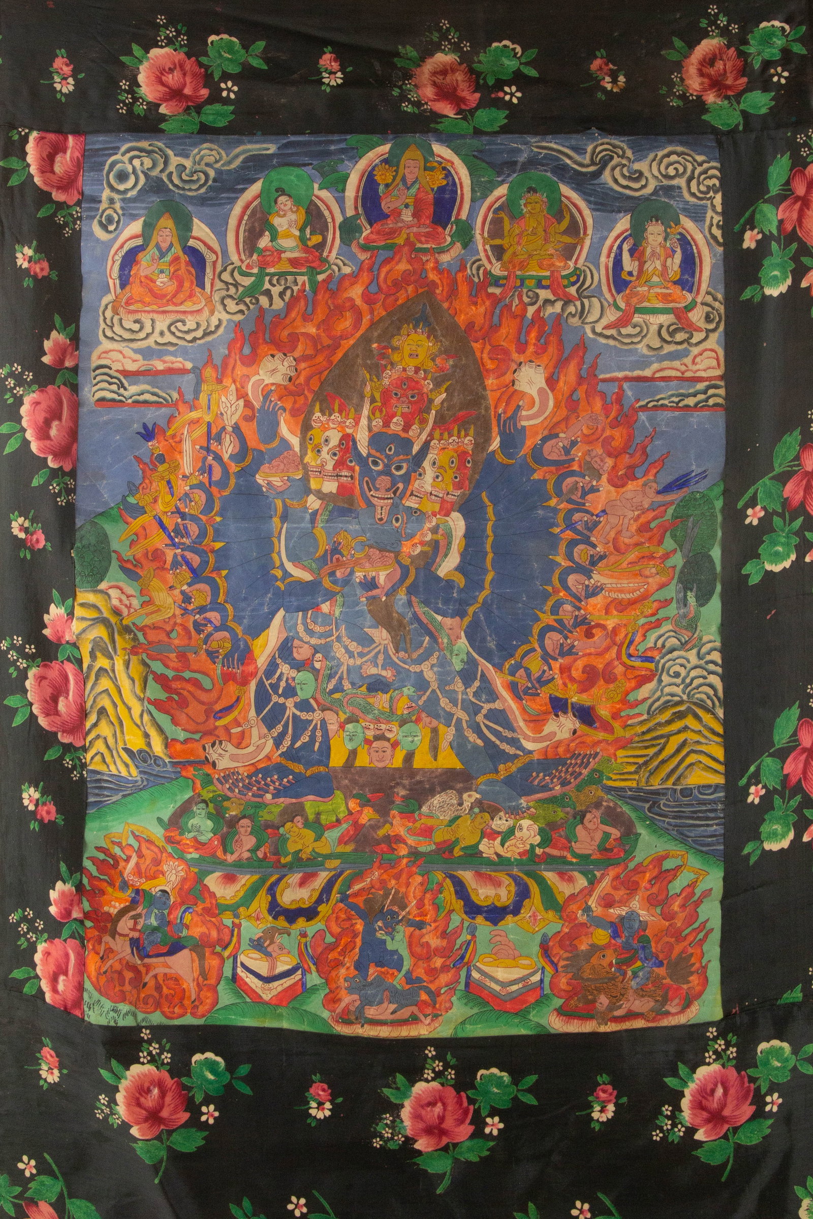 "Vajrabhairava Yamantaka within a Flaming Aureole" Tibeto-Chinese Thangka Distemper on Cloth (1 of 11)