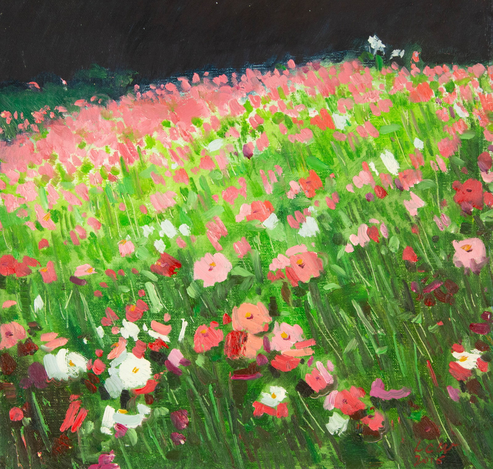 ChuanWen Liu Landscape Original Oil On Canvas "Those flowers": Title: Those flowers Medium: Oil on canvas Size: 11.5 x 11.5 inches Frame: Framing options available! Condition: The painting appears to be in excellent condition. Note: This painting is unstretched,s