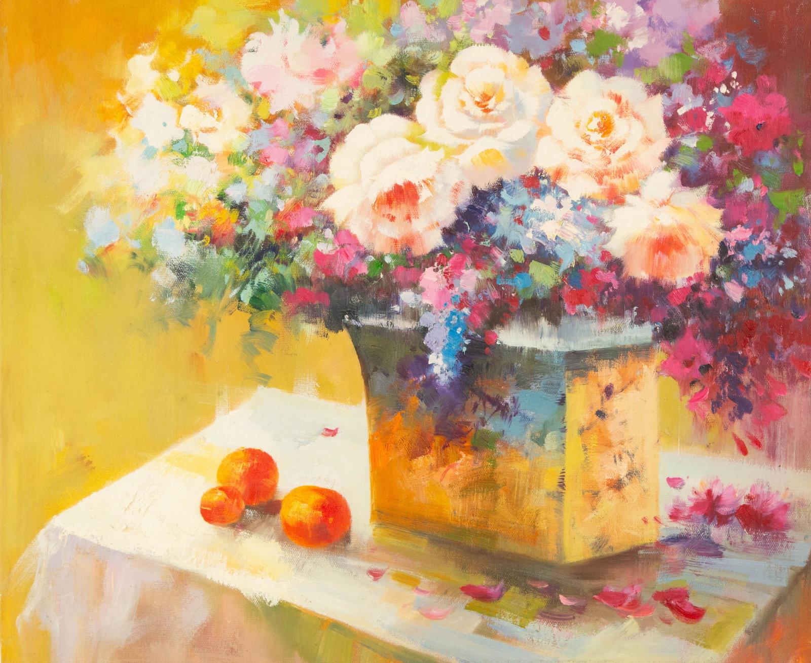 Chunli Huang Floral Original Oil On Canvas "Vase Series II": Title: Vase Series II Medium: Oil on canvas Size: 20 x 24 inches Frame: Framing options available! Condition: The painting appears to be in excellent condition. Note: This painting is unstretched,ship