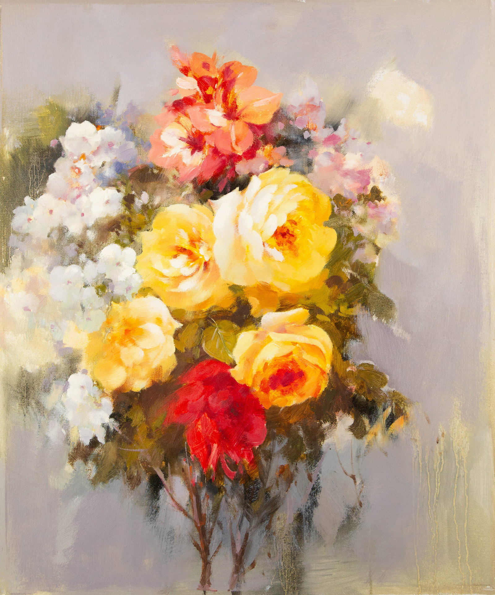 Chunli Huang Floral Original Oil On Canvas "Those Flowers": Title: Those Flowers Medium: Oil on canvas Size: 23 x 20 inches Frame: Framing options available! Condition: The painting appears to be in excellent condition. Note: This painting is unstretched,shipp