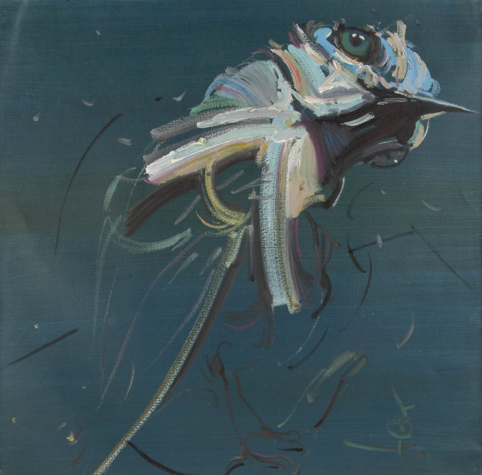 Zhuo Ii Animal Original Oil On Canvas "Bird Series - Blue": Title: Bird Series - Blue Medium: Oil on canvas Size: 19 x 20 inches Frame: Framing options available! Condition: The painting appears to be in excellent condition. Note: This painting is unstretched,