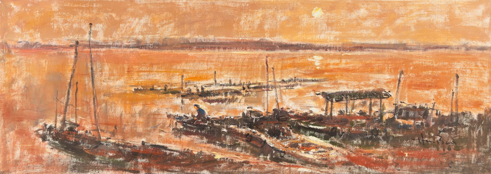 Haibao Chen Waterscape Original Oil On Canvas "Back with Ship Full of Fish": Title: Back with Ship Full of Fish Medium: Oil on canvas Size: 13 x 36 inches Frame: Framing options available! Condition: The painting appears to be in excellent condition. Note: This painting is uns