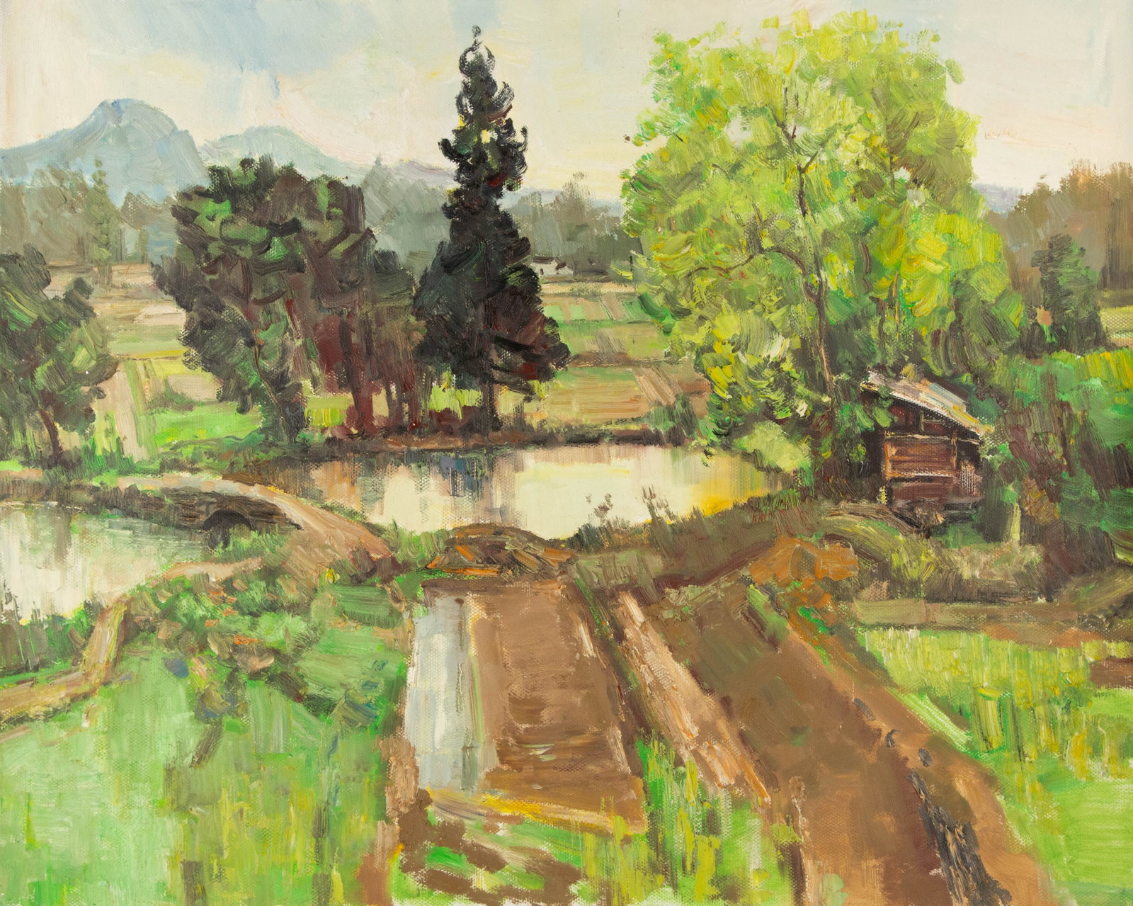 MingYan Li Landscape Original Oil On Canvas "Country Road": Title: Country Road Medium: Oil on canvas Size: 31 x 38 inches Frame: Framing options available! Condition: The painting appears to be in excellent condition. Note: This painting is unstretched,shippe