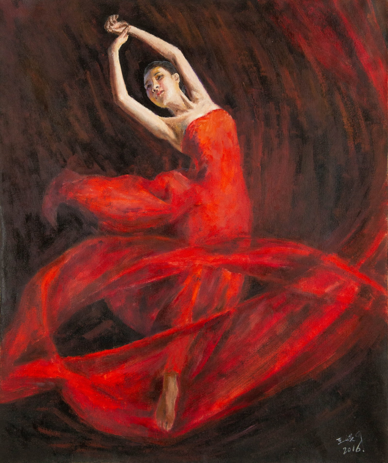 Hongsheng Wang Portrait Original Oil On Canvas "Dancer": Title: Dancer Medium: Oil on canvas Size: 23 x 19 inches Frame: Framing options available! Condition: The painting appears to be in excellent condition. Note: This painting is unstretched,shipped roll