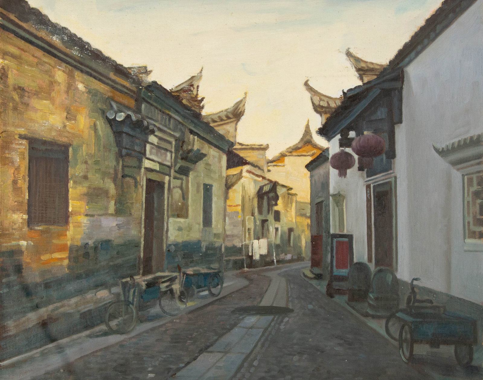 Houhua Huang Landscape Original Oil On Canvas "Old Alley Series II": Title: Old Alley Series II Medium: Oil on canvas Size: 20 x 24 inches Frame: Framing options available! Condition: The painting appears to be in excellent condition. Note: This painting is unstretched