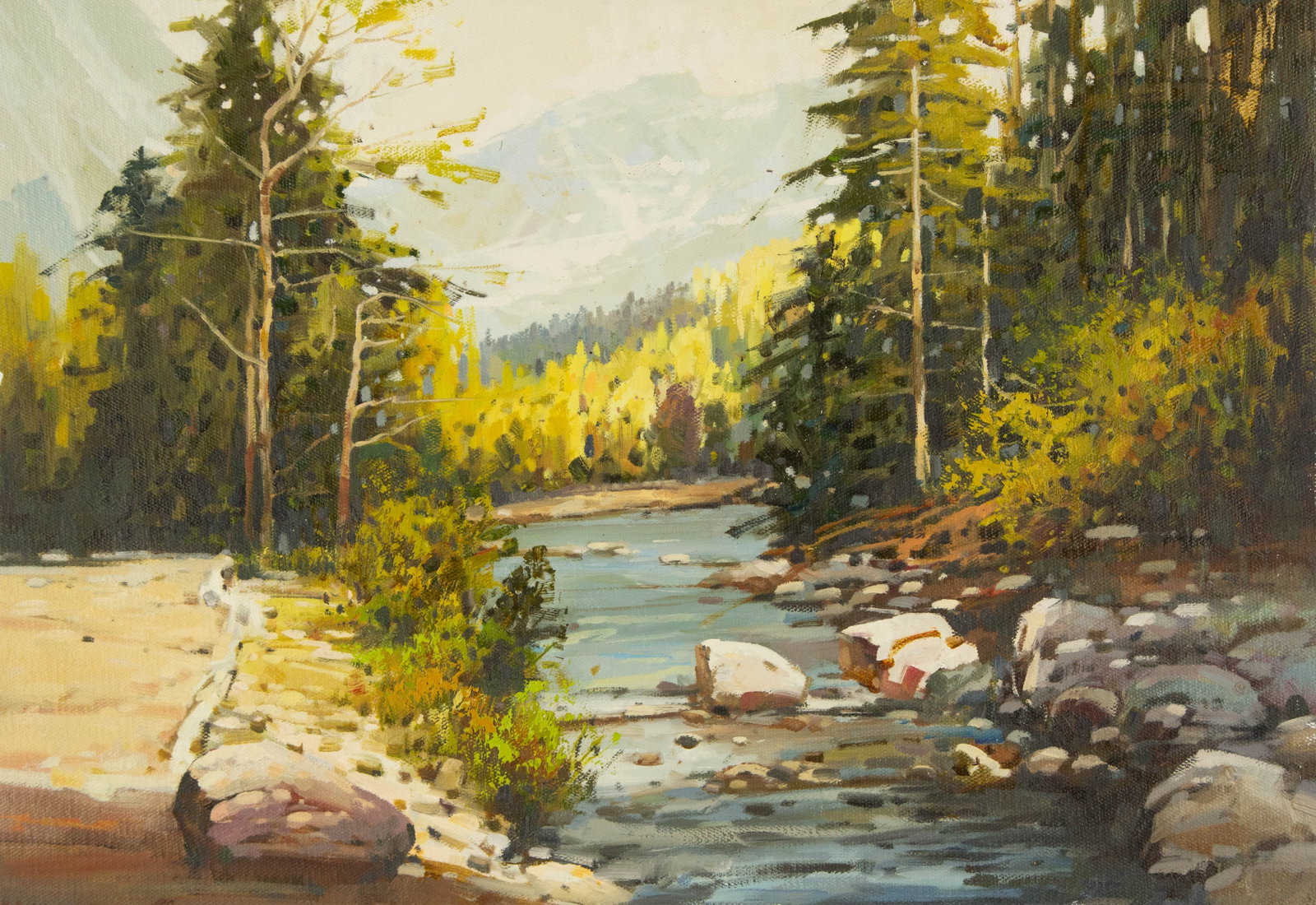 Yun Xi Landscape Original Oil On Canvas "Spring Stream": Title: Spring Stream Medium: Oil on canvas Size: 16 x 23 inches Frame: Framing options available! Condition: The painting appears to be in excellent condition. Note: This painting is unstretched,shipp