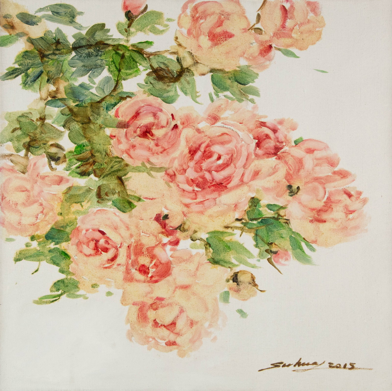 Jingjing Wang Floral Original Oil On Canvas "Shy Flowers": Title: Shy Flowers Medium: Oil on canvas Size: 19 x 19 inches Frame: Framing options available! Condition: The painting appears to be in excellent condition. Note: This painting is unstretched,shipped