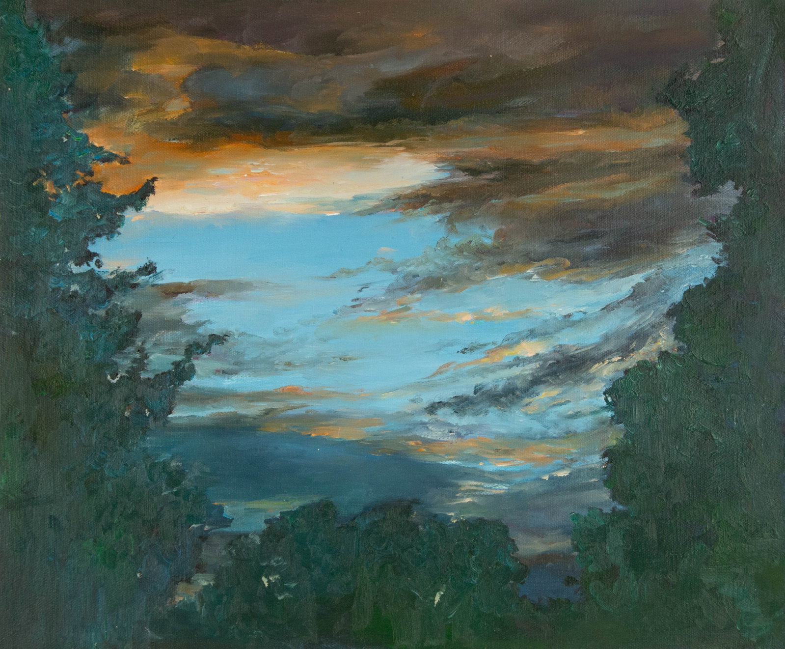 Panpan Wei Landscape Original Oil On Canvas "Sunset Glow": Title: Sunset Glow Medium: Oil on canvas Size: 19 x 23 inches Frame: Framing options available! Condition: The painting appears to be in excellent condition. Note: This painting is unstretched,shipped