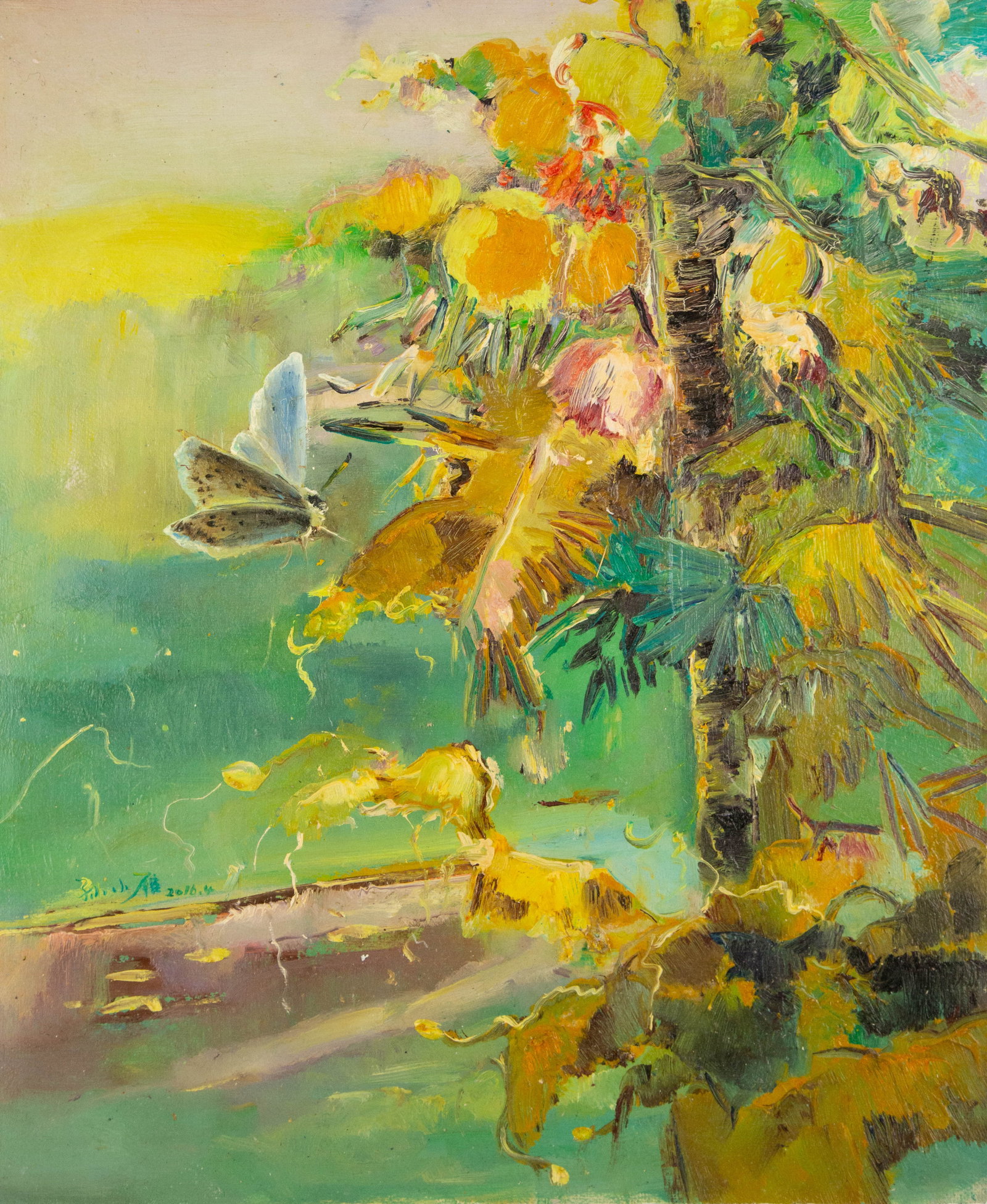 Xiaoyan Sun Floral Original Oil On Canvas "Summer Fantasy Series IV": Title: Summer Fantasy Series IV Medium: Oil on canvas Size: 23 x 19 inches Frame: Framing options available! Condition: The painting appears to be in excellent condition. Note: This painting is unstre