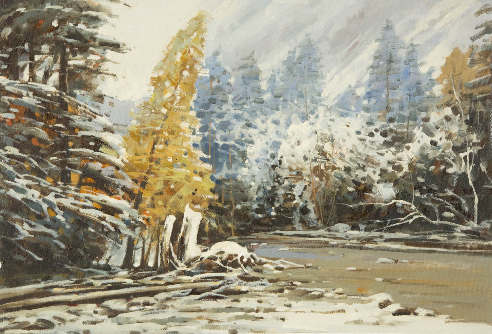 Yun Xi Landscape Original Oil On Canvas "Snow Stream": Title: Snow Stream Medium: Oil on canvas Size: 15.5 x 23 inches Frame: Framing options available! Condition: The painting appears to be in excellent condition. Note: This painting is unstretched,shipp