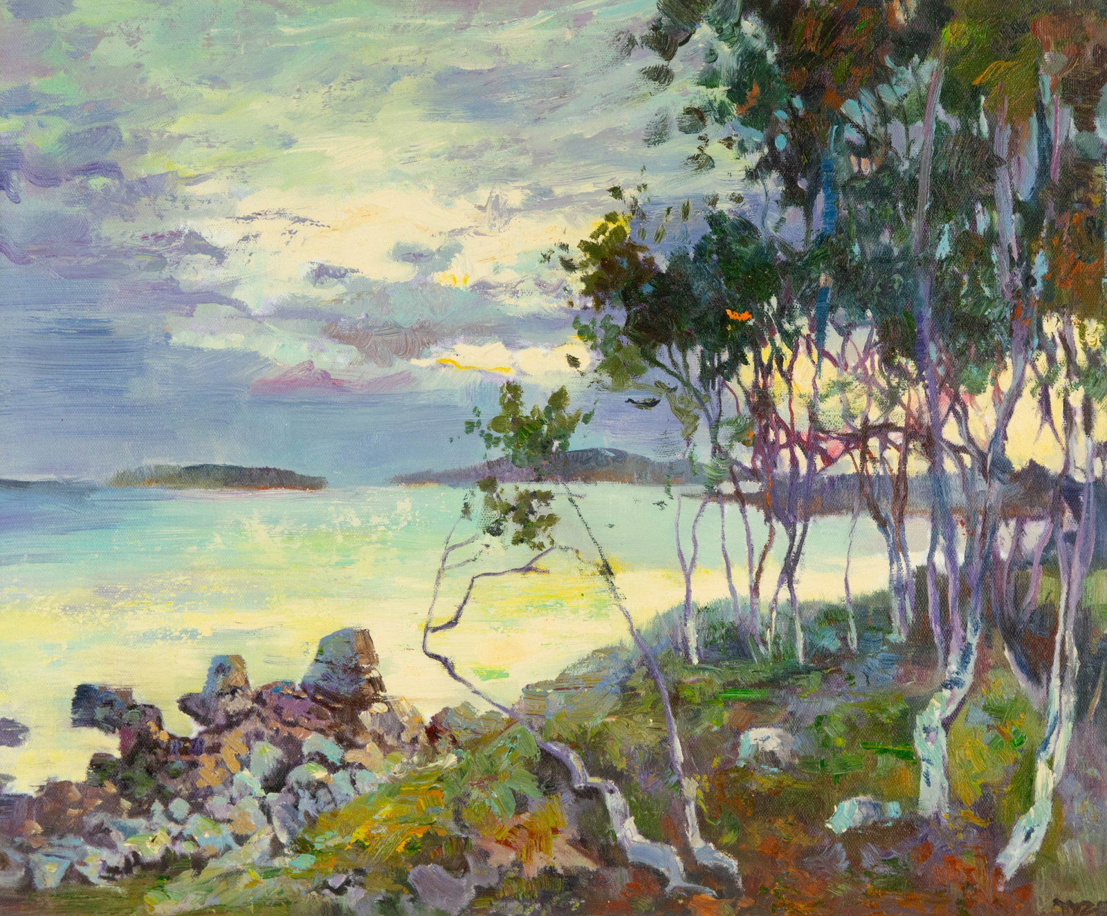 Zhongren Wang Landscape Original Oil On Canvas "Birch Forest": Title: Birch Forest Medium: Oil on canvas Size: 19 x 23 inches Frame: Framing options available! Condition: The painting appears to be in excellent condition. Note: This painting is unstretched,shippe