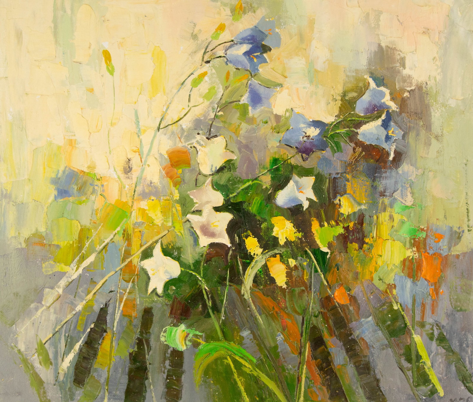 Zhongren Wang Floral Original Oil On Canvas "Petunia Series III": Title: Petunia Series III Medium: Oil on canvas Size: 20 x 23 inches Frame: Framing options available! Condition: The painting appears to be in excellent condition. Note: This painting is unstretched,