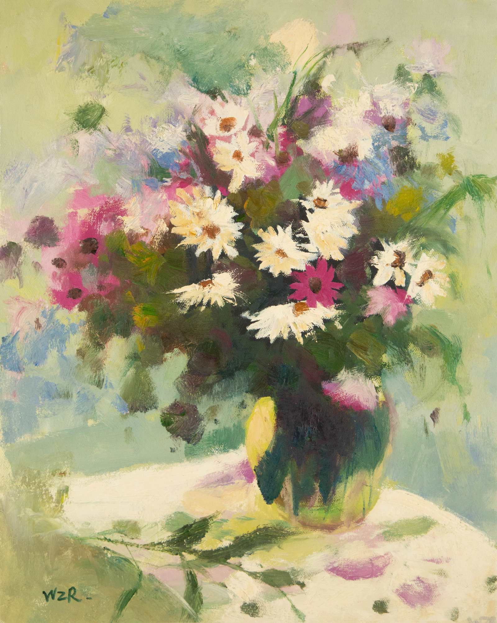 Zhongren Wang Floral Original Oil On Canvas "Daisy In Vase": Title: Daisy In Vase Medium: Oil on canvas Size: 20.5 x 16 inches Frame: Framing options available! Condition: The painting appears to be in excellent condition. Note: This painting is unstretched,shi