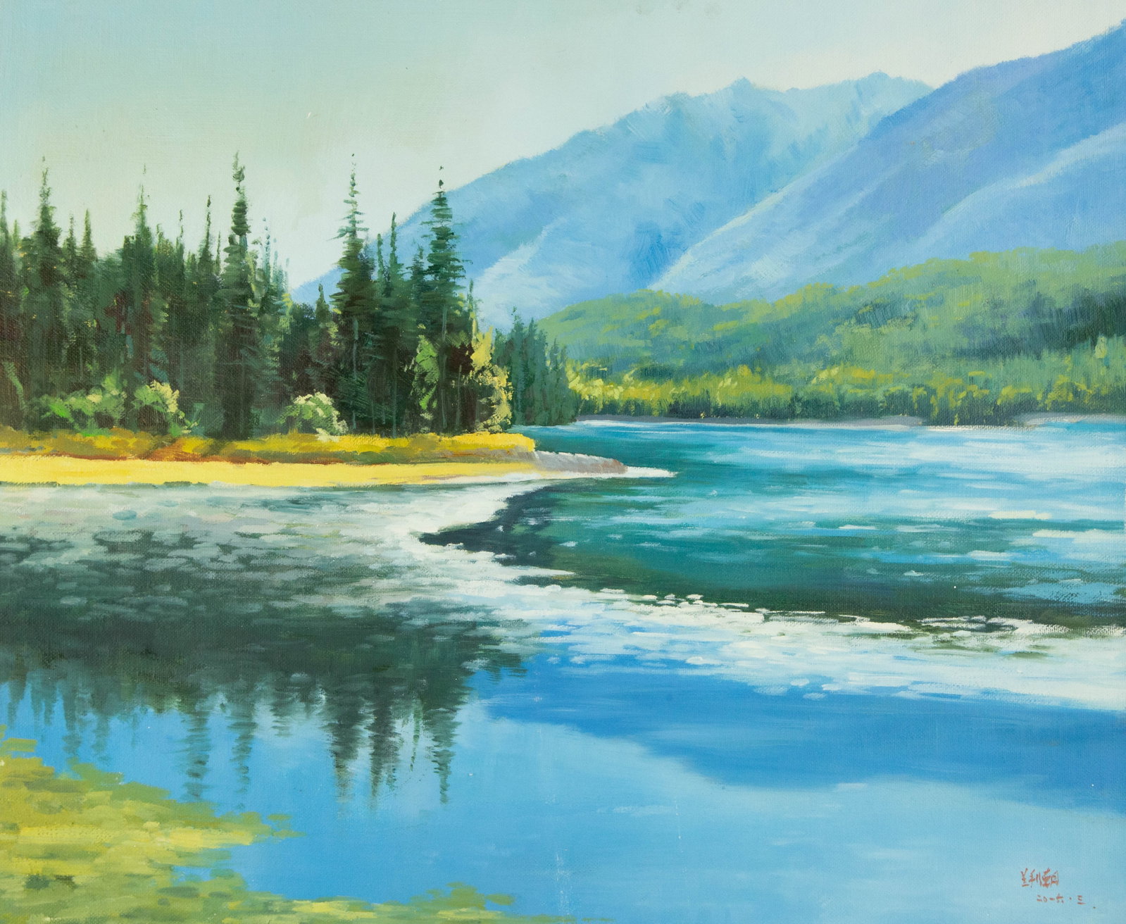 Lichao Lan Waterscape Original Oil On Canvas "Clear Lake Reflection": Title: Clear Lake Reflection Medium: Oil on canvas Size: 19 x 23 inches Frame: Framing options available! Condition: The painting appears to be in excellent condition. Note: This painting is unstretch