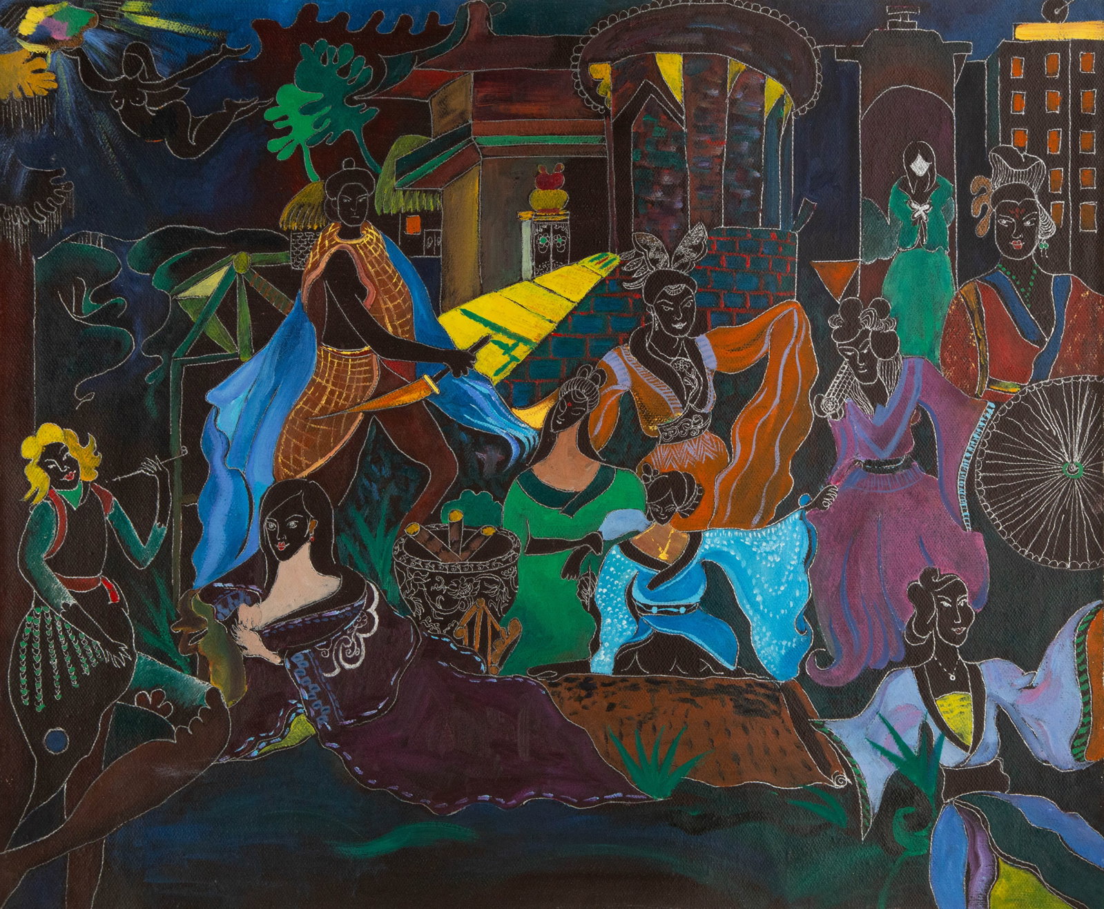 Qiqi Jia Portrait Original Mixed Media "Women Salon": Title: Women Salon Medium: Oil on canvas Size: 19 x 23 inches Frame: Framing options available! Condition: The painting appears to be in excellent condition. Note: This painting is unstretched,shipped