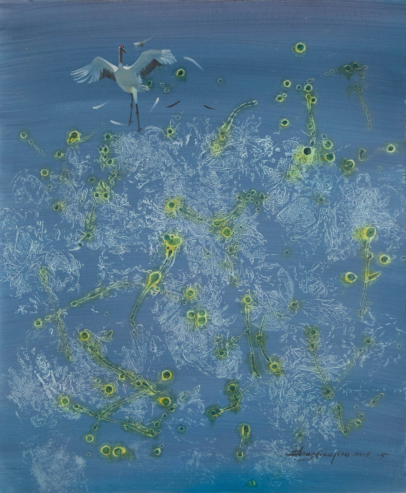 Qianqian Zhang Animal Original Oil On Canvas "White Crane - Blue": Title: White Crane - Blue Medium: Oil on canvas Size: 23.5 x 19.5 inches Frame: Framing options available! Condition: The painting appears to be in excellent condition. Note: This painting is unstretc