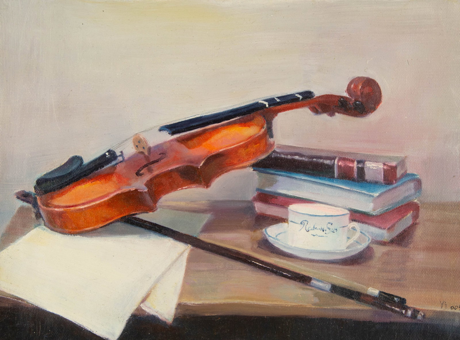Jun Ye Still Life Original Oil On Canvas "Violin": Title: Violin Medium: Oil on canvas Size: 12 x 15.5 inches Frame: Framing options available! Condition: The painting appears to be in excellent condition. Note: This painting is unstretched,shipped ro