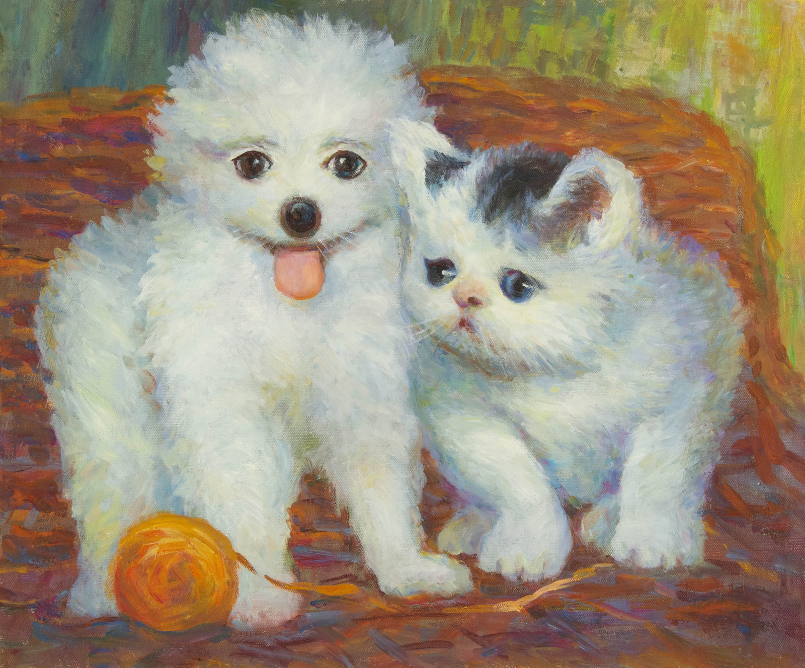 Zhiqin Yu Animal Original Oil On Canvas "Depend": Title: Depend Medium: Oil on canvas Size: 19.5 x 23 inches Frame: Framing options available! Condition: The painting appears to be in excellent condition. Note: This painting is unstretched,shipped ro
