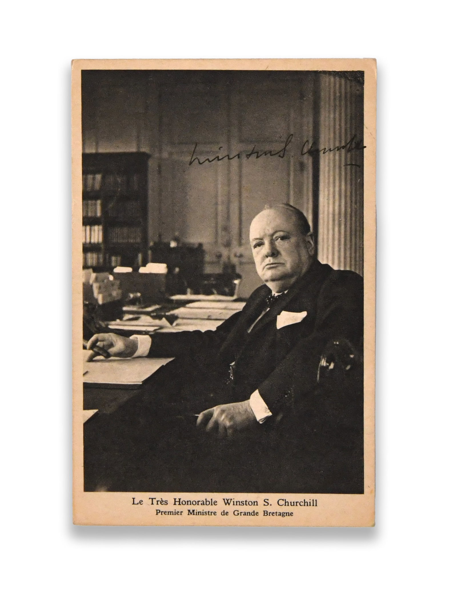WINSTON S. CHURCHILL - Signed Photographic Postcard: WINSTON S. CHURCHILL - SIGNED PHOTOGRAPHIC POSTCARD Provenance and Authenticity: The postcard bears a dark-ink signature reading “Winston Churchill,” placed across the upper portion of the ima