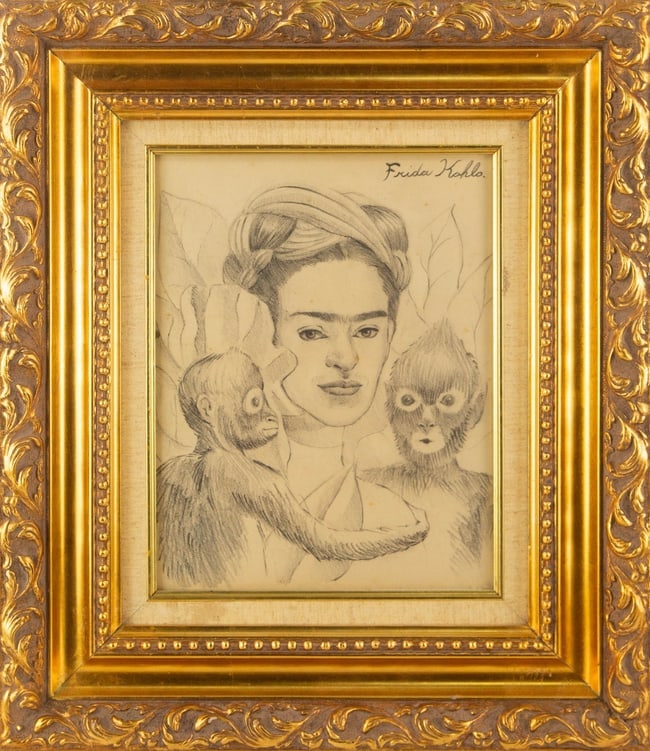 Frida Kahlo ( Mexican, 1907 - 1954 ) "" Graphite Portrait: Title: Medium: Graphite Painting Size: 14 x 11 inches Frame Size: 22.5 x 19.5 inches Condition: This artwork is in good condition for its age. Signature: Signed Artist: Frida Kahlo ( Mexican, 1907 - 1
