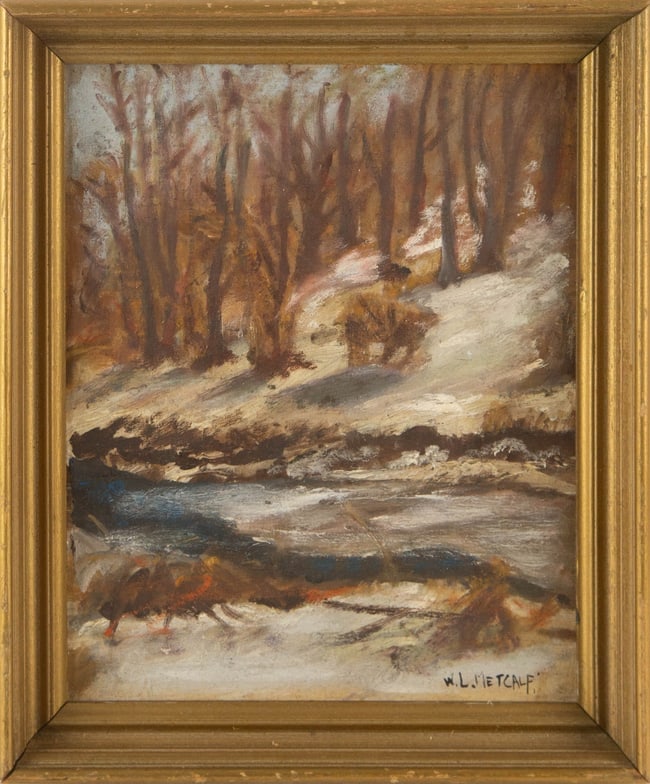 Willard Leroy Metcalf ( American, 1858 - 1925 ) Landscape Oil On Board: Medium: Oil On Board Style: Landscape Painting Size: 10 x 8 inches Frame Size: 11.5 x 9.5 inches Condition: This artwork is in great condition for its age. Signature: Hand-signed Artist: Willard Leroy