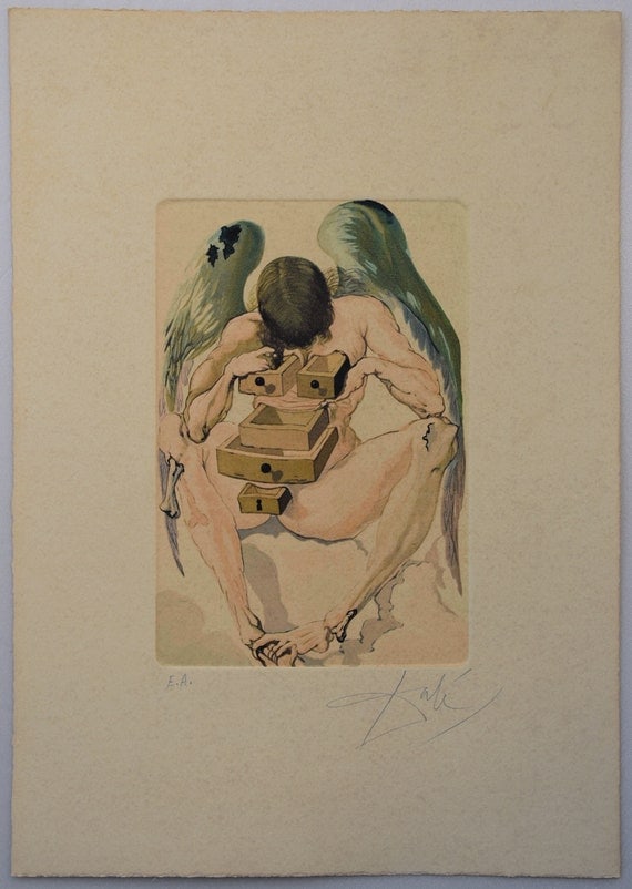 Salvador DaliEtching on 300g paper (Arches?): "The fallen angel", signed The Divine comedy illustrated is one of the monuments of the edition and one of the famous works by the master Salvador Dali In perfect condition Size: 30 cm x 21 cm (approx