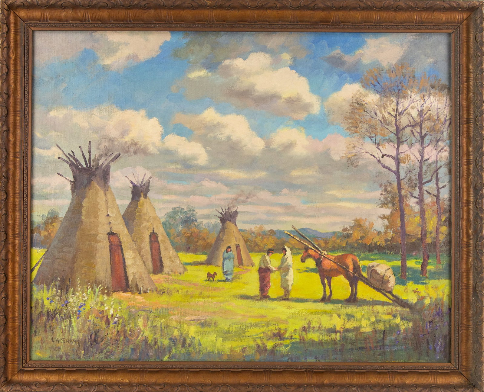 Joseph Henry Sharp (1859 –1953) Landscape Oil On Canvas: Medium: Oil On Board Style: Landscape Painting Size: 28x 22 inches Frame Size: 32x 26 inches Condition: This artwork is in great condition for its age. Signature: Hand-signed Artist: Joseph Henry Shar