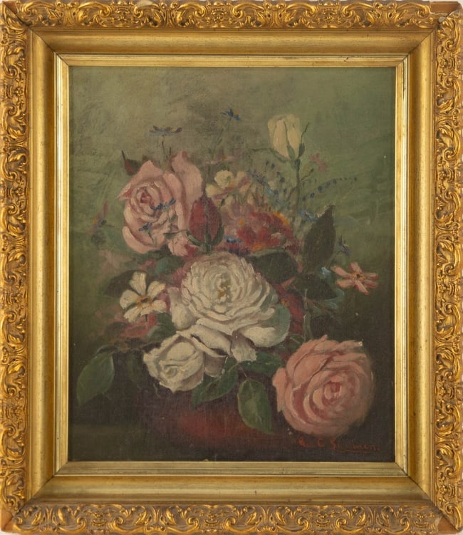 George Cochran Lambdin ( American, 1830 - 1896 ) Floral Oil On Canvas: Medium: Oil On Canvas Style: Floral Painting Size: 11.75 x 9.75 inches Frame Size: 15.5 x 13.5 inches Condition: This artwork is in good overall condition for its age. Signature: Hand-signed Artist: G