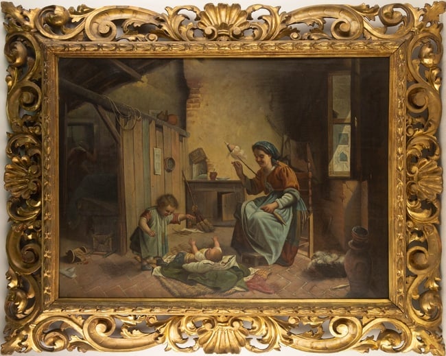 Federico Mazzotta Large Genre Art Oil On Canvas: Medium: Oil On Canvas Style: Genre Art Painting Size: 28.75 x 38 inches Frame Size: 40 x 50 inches Condition: This artwork is in good condition for its age, although please note that the middle top ar