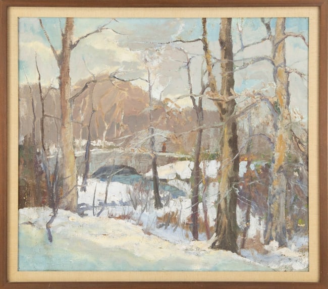 "Winter Sun In The Forest" Landscape Oil On Canvas: Medium: Oil On Canvas Style: Landscape Painting Size: 21.25 x 24 inches Frame Size: 23.5 x 26.5 inches Condition: This artwork is in good overall condition for its age. Although please note the paint 