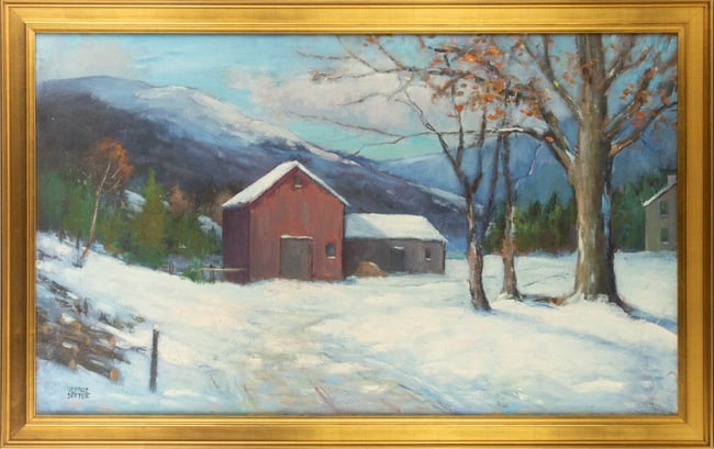 George William Sotter ( American, 1879 - 1953 ) Landscape Oil On Canvas: Medium: Oil On Canvas Style: Landscape Painting Size: 24.25 x 40 inches Frame Size: 27.75 x 43.5 inches Condition: This artwork is in good overall condition for its age. Signature: Signed Artist: Geor