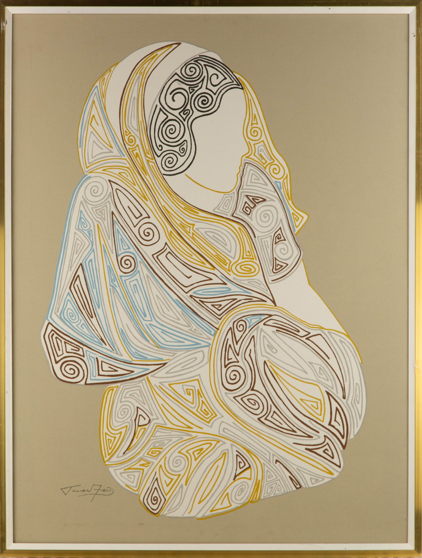 Jillian Field (American 1950-1997) Portrait Oil On Canvas "Woman Wearing Traditional Dress": Title: Woman Wearing Traditional Dress Medium: Oil On Canvas Painting Size: 39.5" x 29.5" Frame Size: 42" x 32" Condition: This artwork is in good overall condition for its age. Signature: Hand-signed