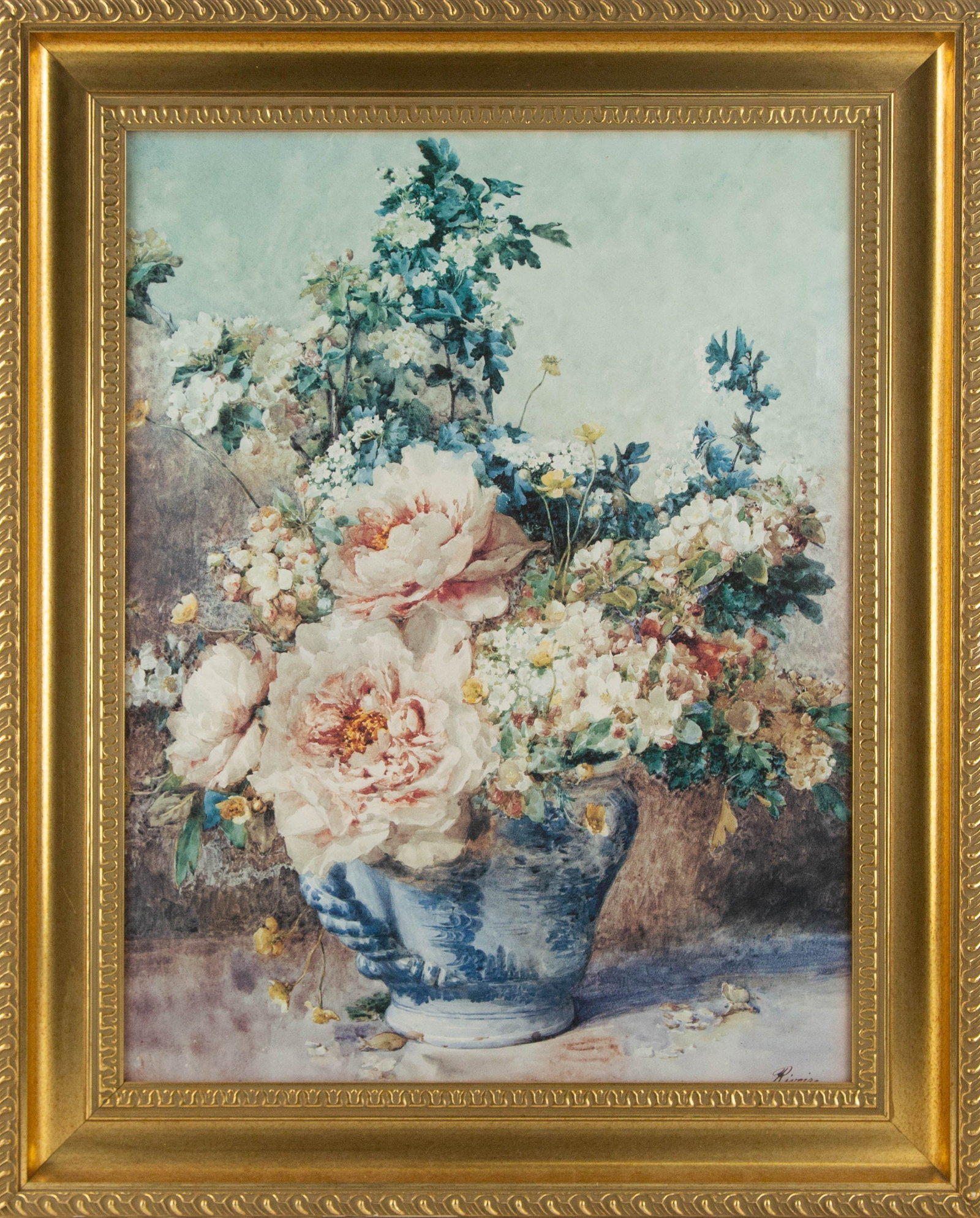 Francois Rivoire (French, 1842-1919) Still Life Print "Apple Blossoms With Peonies": Title: Apple Blossoms With Peonies Medium: Print Painting Size: 29" x 22" Frame Size: 34" x 28" Condition: This artwork is in good overall condition for its age. Signature: Printed Signature Artist: F