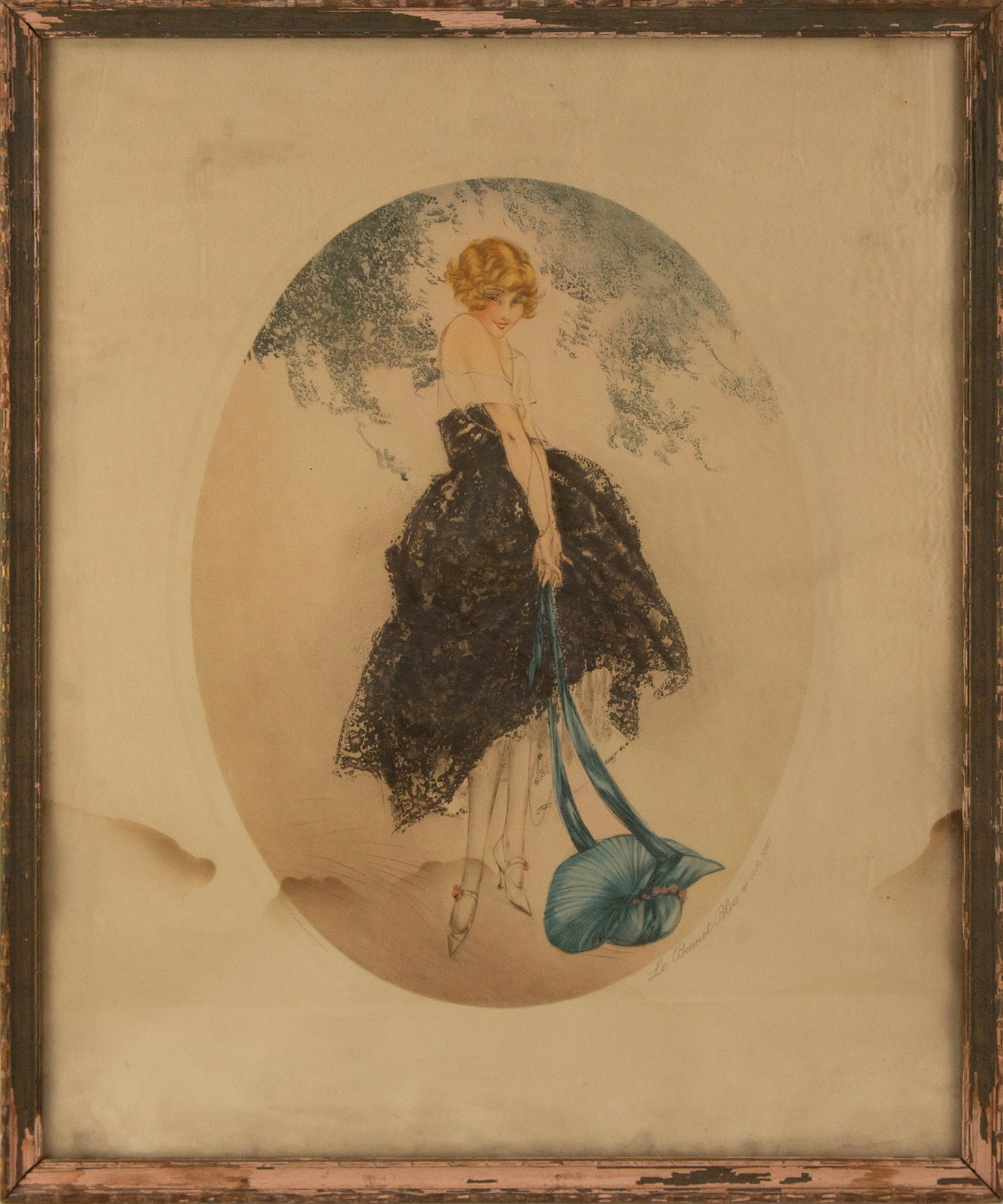 Louis Icart Portrait Print "Le Bomnet Bleu": Title: Le Bomnet Bleu Medium: Print Painting Size: 21.5" x 17.5" Frame Size: 22.75" x 19" Condition: This artwork is in good overall condition for its age. Signature: Printed Signature Artist: Louis I