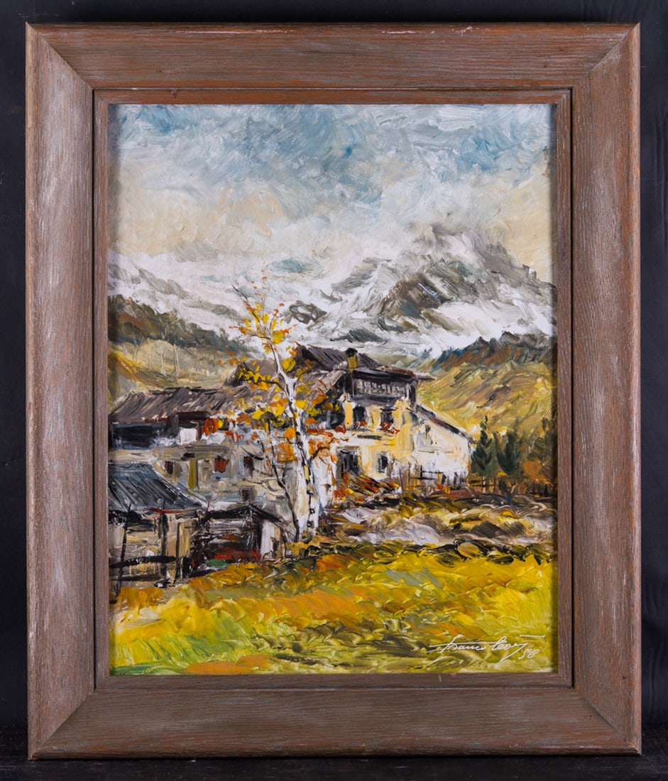 Mid Century European Impressionist Oil On Tin "House Near Mountain" Signed: Title: House At Mountain Medium: Oil on tin Style: Impressionist Size: 20" x 16" Frame Size: 25" x 21" Age: 1956 dated Condition: Good, no damage seen good condition for its age. Signature: Frances Le