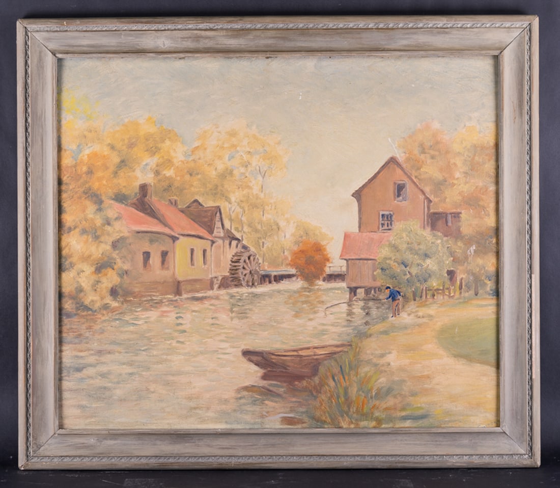 Early 20th Century American Impressionist Oil Painting "Watermill Scene" Signed: Title: Watermill Scene Medium: Oil on board Style: Impressionist Size: 21 1/2" x 25 1/2" Frame Size: 25 1/2" x 29 1/2" Age: 1950s Condition: Good, no damage seen good condition for its age. Signature: