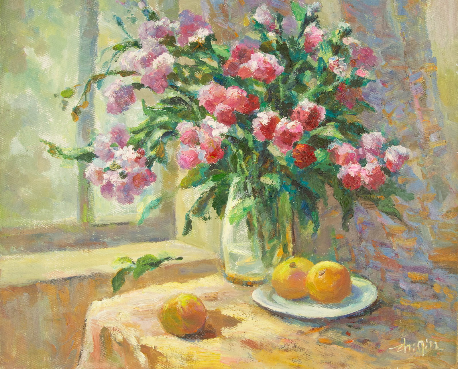 Zhiqin Yu Still Life Original Oil On Canvas "Little Flowers": Title: Little Flowers Medium: Oil on canvas Size: 19 x 23 inches Frame: Framing options available! Condition: The painting appears to be in excellent condition. Note: This painting is unstretched,ship