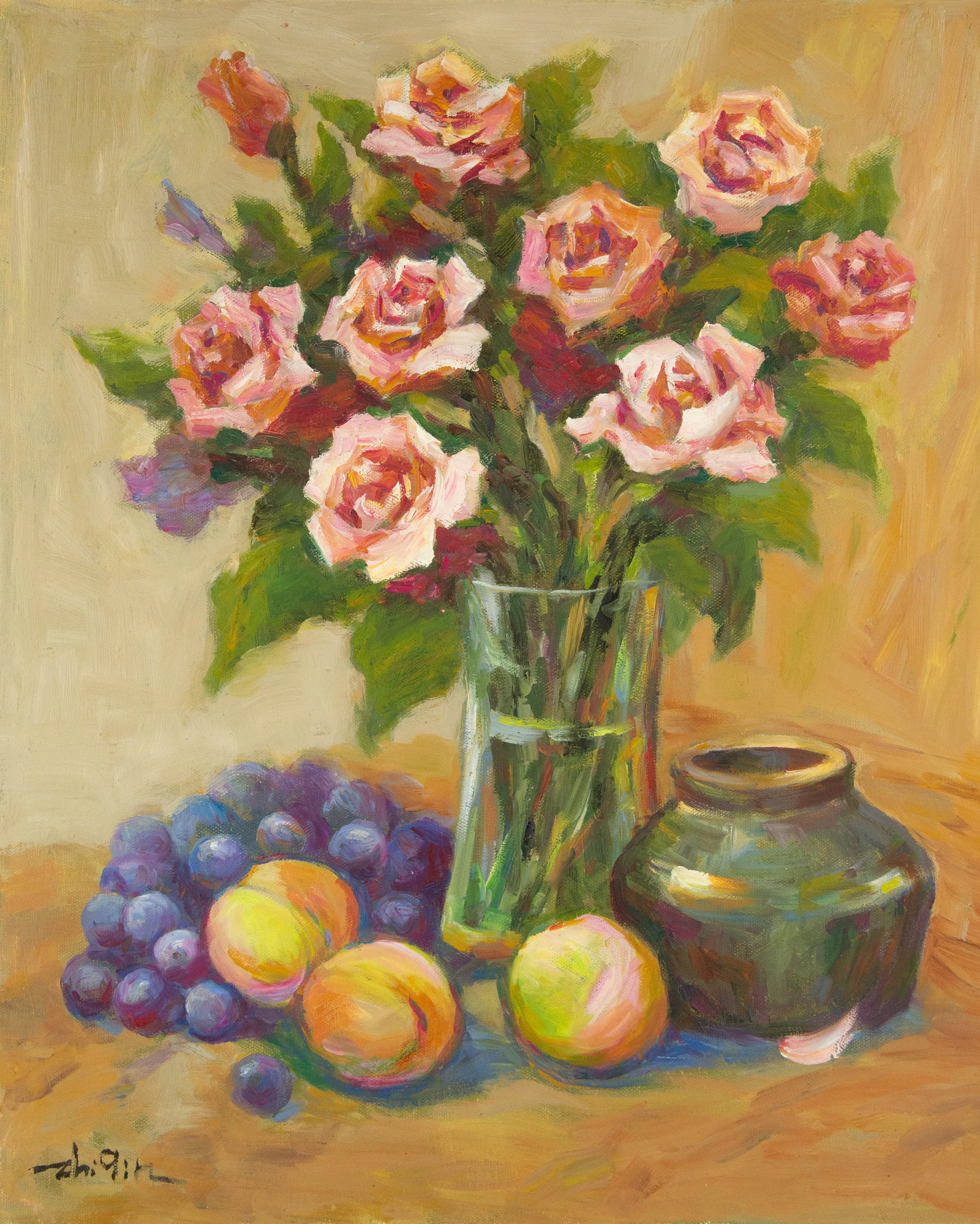 Zhiqin Yu Still Life Original Oil On Canvas "Rose and Peach": Title: Rose and Peach Medium: Oil on canvas Size: 23.5 x 19 inches Frame: Framing options available! Condition: The painting appears to be in excellent condition. Note: This painting is unstretched,sh