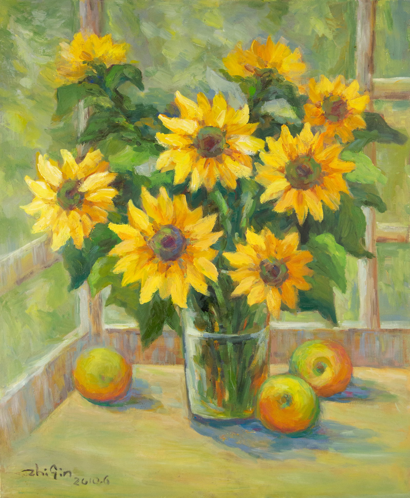 Zhiqin Yu Still Life Original Oil On Canvas "Sunflower Near The Window": Title: Sunflower Near The Window Medium: Oil on canvas Size: 23 x 19 inches Frame: Framing options available! Condition: The painting appears to be in excellent condition. Note: This painting is unstr