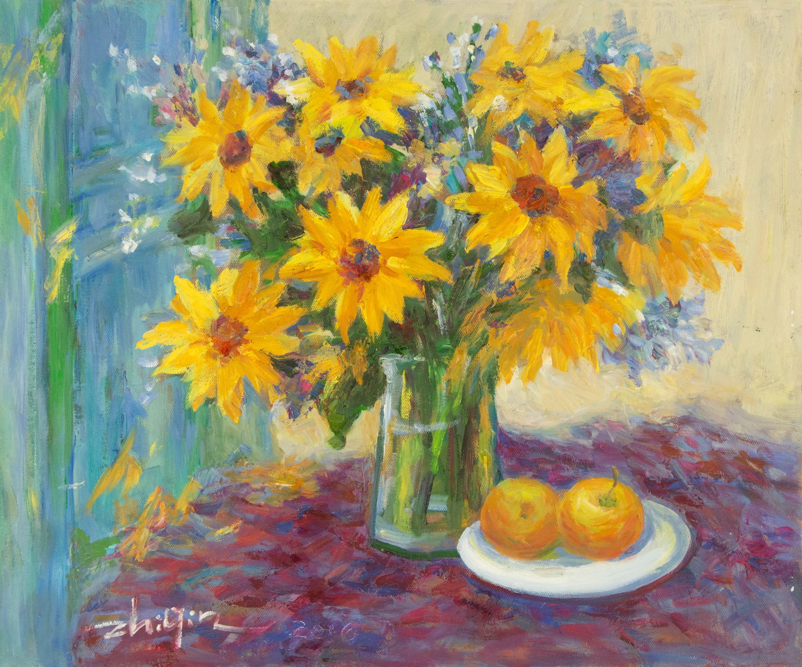 Zhiqin Yu Still Life Original Oil On Canvas "Flower Near The Window": Title: Flower Near The Window Medium: Oil on canvas Size: 19 x 23 inches Frame: Framing options available! Condition: The painting appears to be in excellent condition. Note: This painting is unstretc