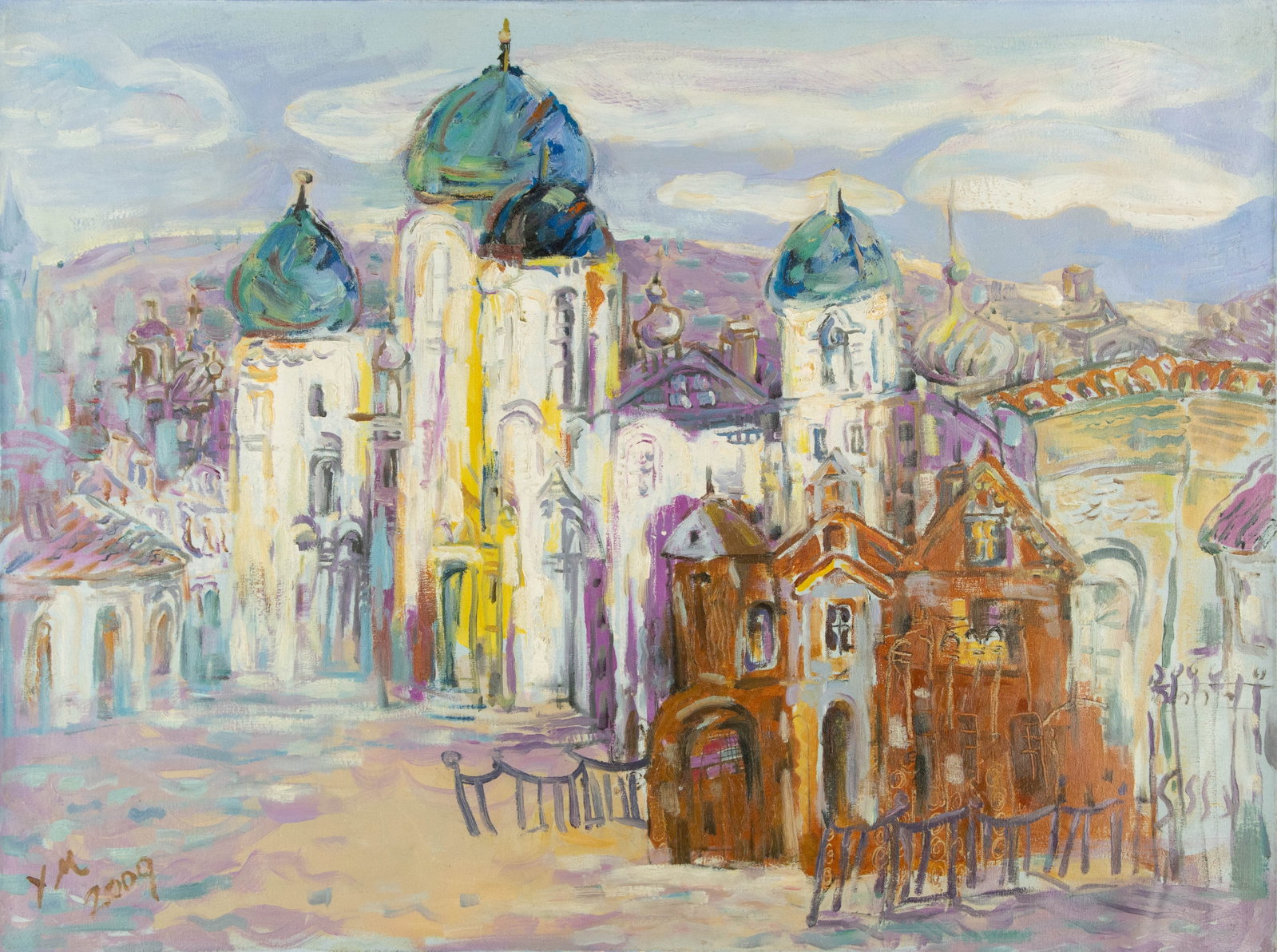 Huimin Wang Landscape Original Oil On Canvas "Palace II": Title: Palace II Medium: Oil on canvas Size: 23 x 31 inches Frame: Framing options available! Condition: The painting appears to be in excellent condition. Note: This painting is unstretched,shipped r