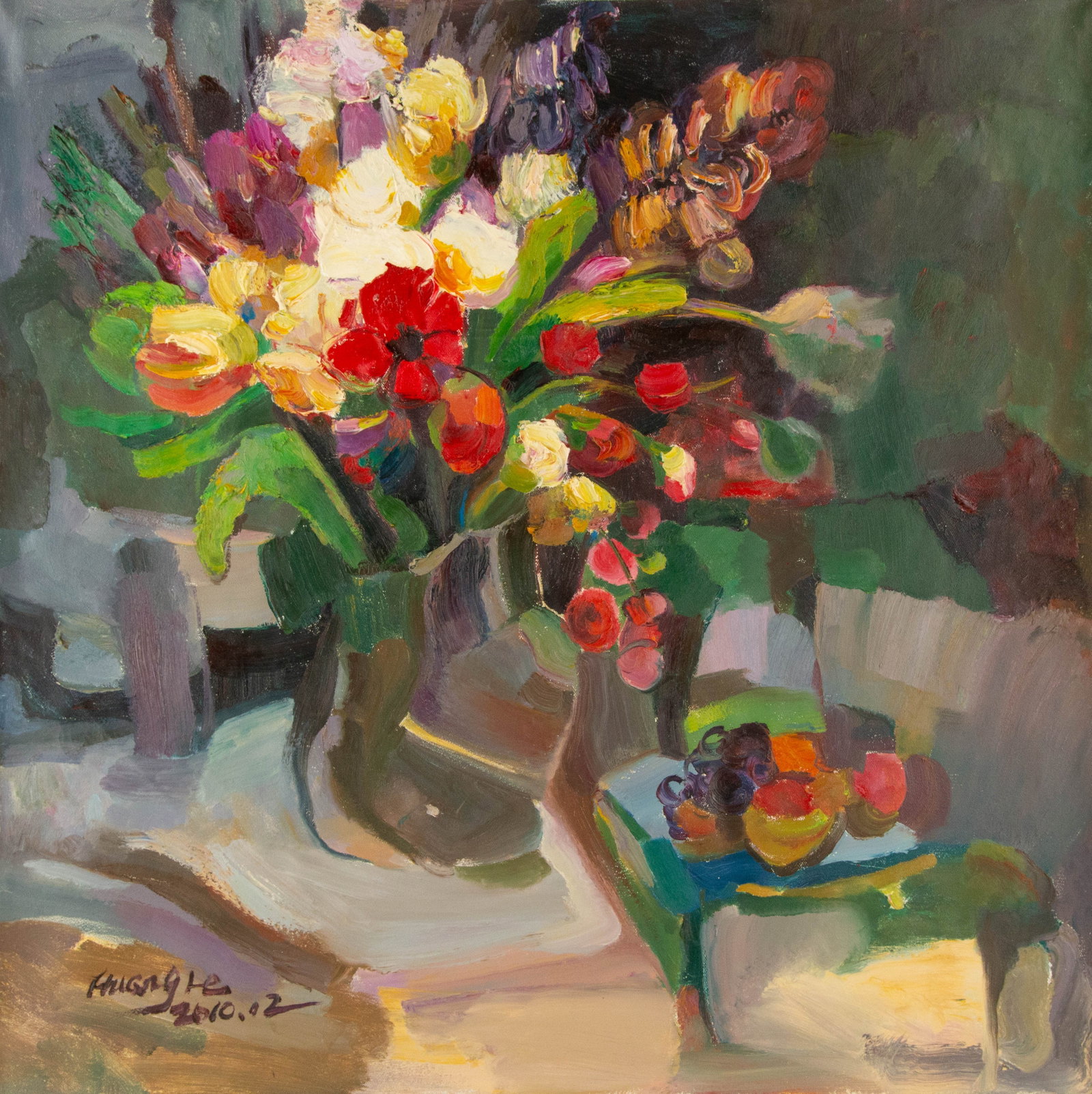 Ye Huang Still Life Original Oil On Canvas "Wild Flowers In My Vase": Title: Wild Flowers In My Vase Medium: Oil on canvas Size: 31 x 31 inches Frame: Framing options available! Condition: The painting appears to be in excellent condition. Note: This painting is unstret