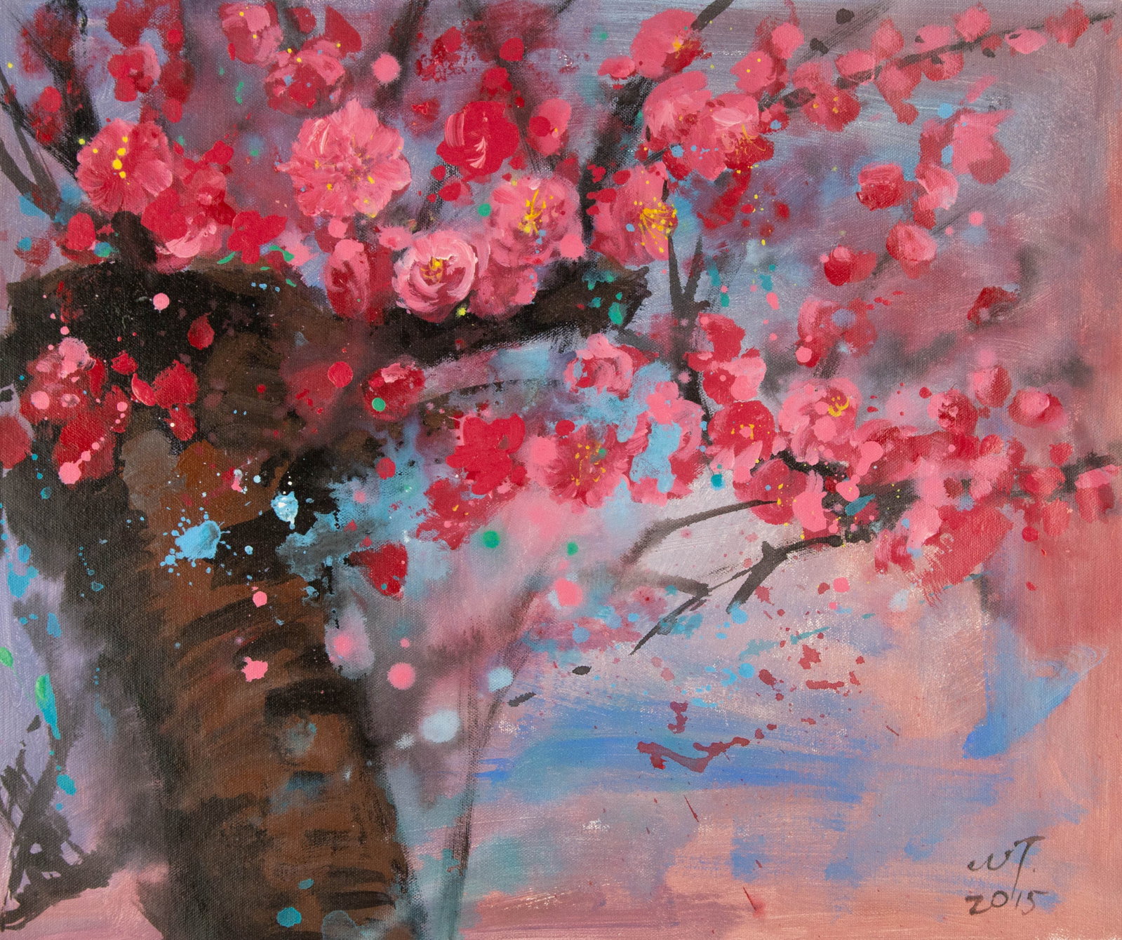 Tao Wang Floral Original Acrylic On Canvas "Peach Blossom": Title: Peach Blossom Medium: Oil on canvas Size: 19 x 23 inches Frame: Framing options available! Condition: The painting appears to be in excellent condition. Note: This painting is unstretched,shipp