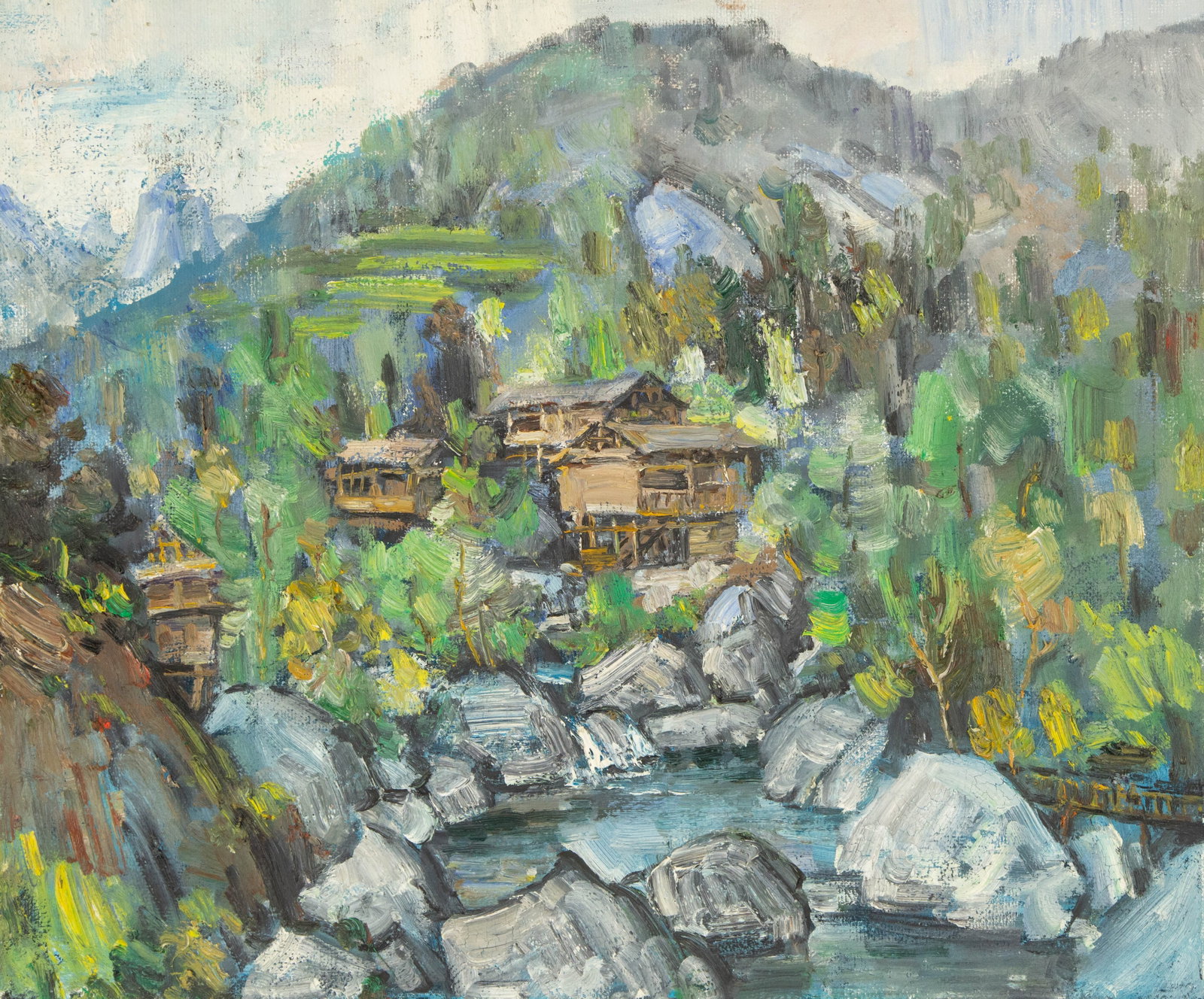 MingYan Li Landscape Original Oil On Canvas "Scenery In Green": Title: Scenery In Green Medium: Oil on canvas Size: 19 x 23 inches Frame: Framing options available! Condition: The painting appears to be in excellent condition. Note: This painting is unstretched,sh