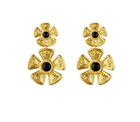 Pair of Gold-Tone Floral Drop Earrings: PAIR OF GOLD-TONE FLORAL DROP EARRINGS Description: Pair of gold-tone floral drop earrings composed of two-tiered blossoms with scalloped petal forms and black circular centers. The design features a 